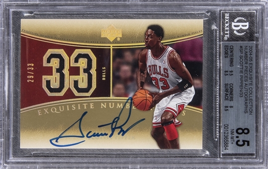 2004-05 UD "Exquisite Collection" Number Pieces Autographs #SP Scottie Pippen Signed Game Used Patch Card (#29/33) – BGS NM-MT+ 8.5/BGS 9